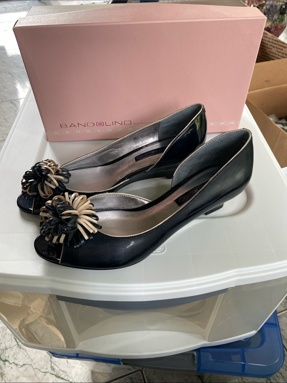 Bandolino Black Patent Peep-Toe Pumps with Two-Tone Flower Accent